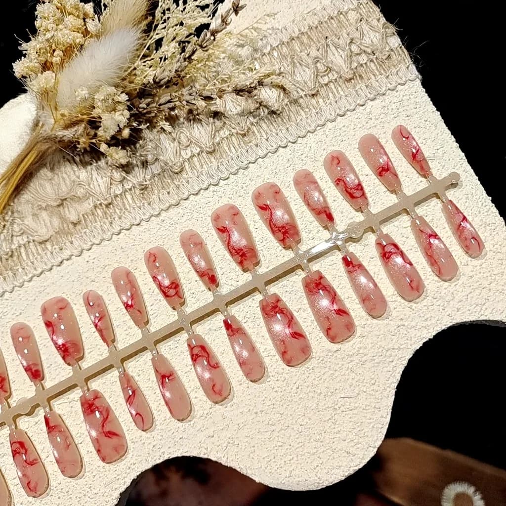 Růžové nalepovací nehty s kočičím okem, střední ovál, glitrový povrch