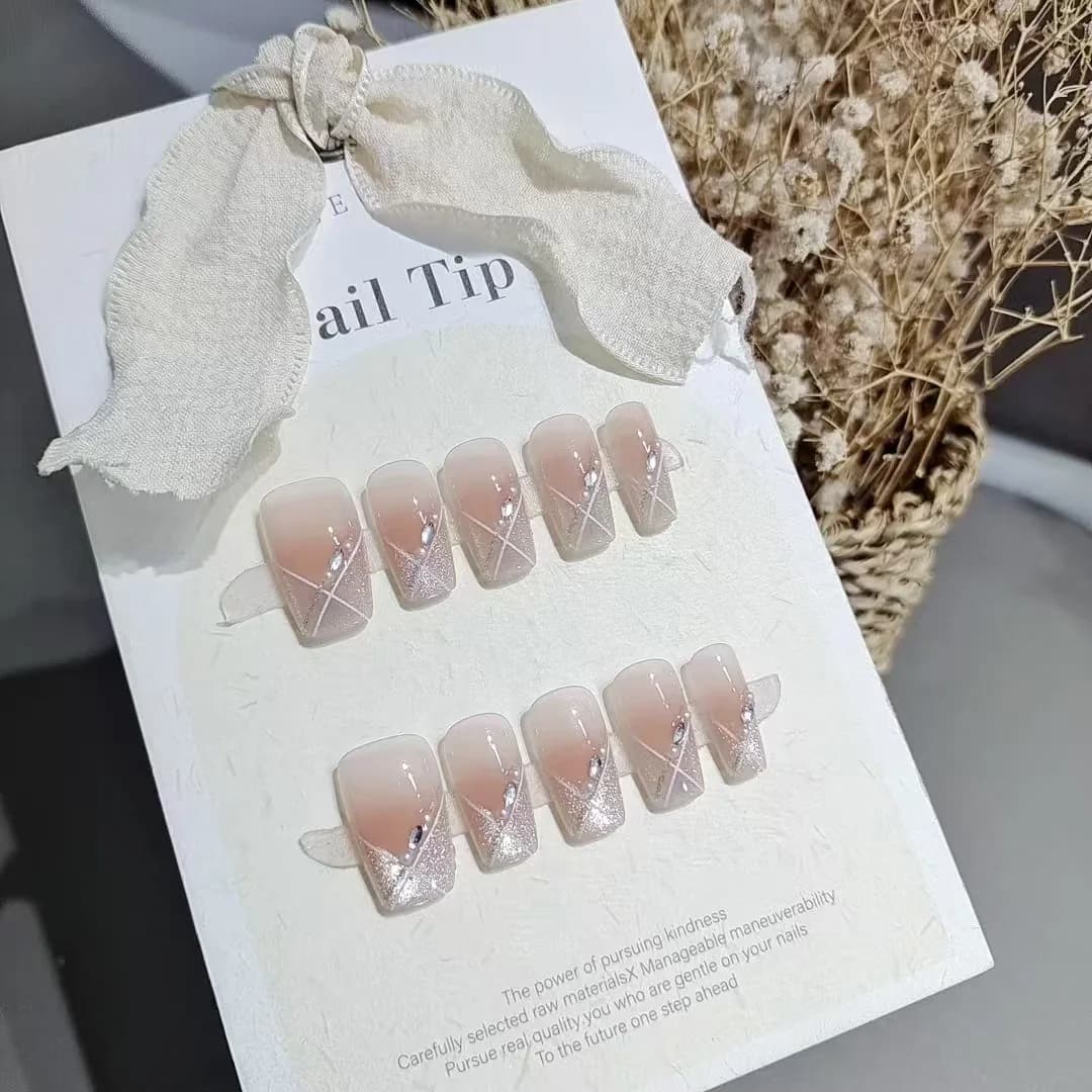 Nalepovací nehty Cat Eye, krátký coffin, světle růžová, sladký styl, 10 ks