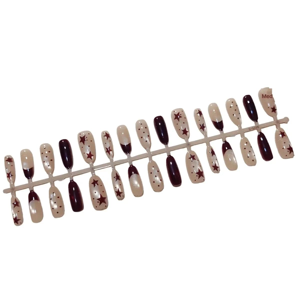 Hnědé nalepovací nehty Cat Eye s hvězdičkami a puntíky