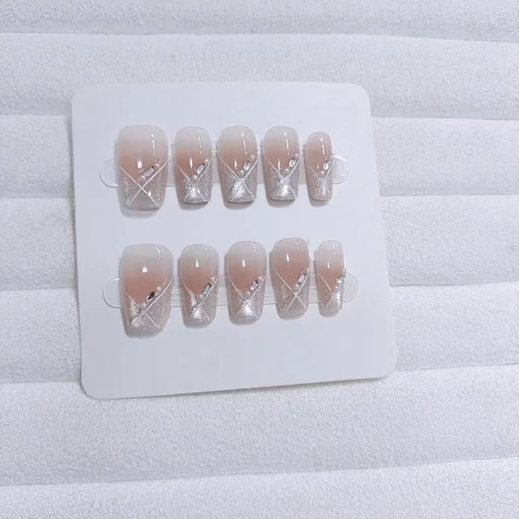Nalepovací nehty Cat Eye, krátký coffin, světle růžová, sladký styl, 10 ks