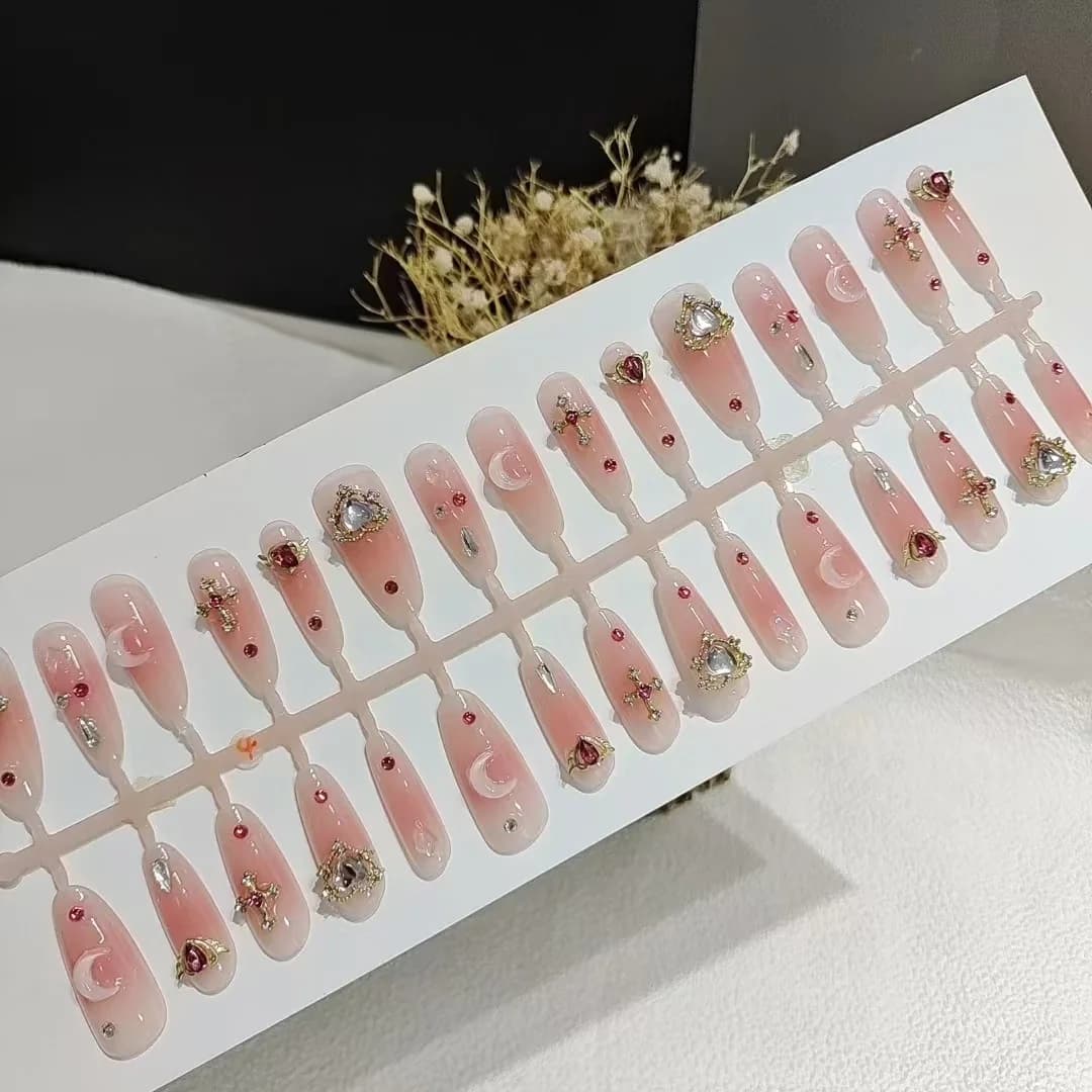 Nehty na nalepení s kamínky, dlouhý tvar stiletto, 30 kusů