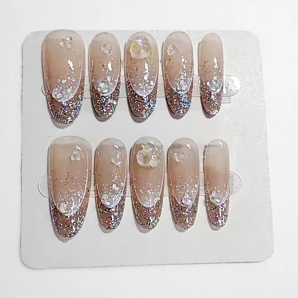 Nehty na nalepení Glitter Halo, dlouhý oválný tvar, opakovaně použitelné