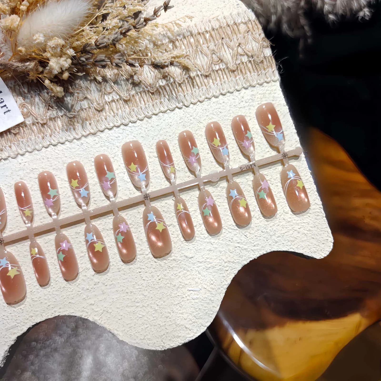 Nalepovací nehty kočičí oko, nude mlha, hvězdný design, opakovaně použitelné