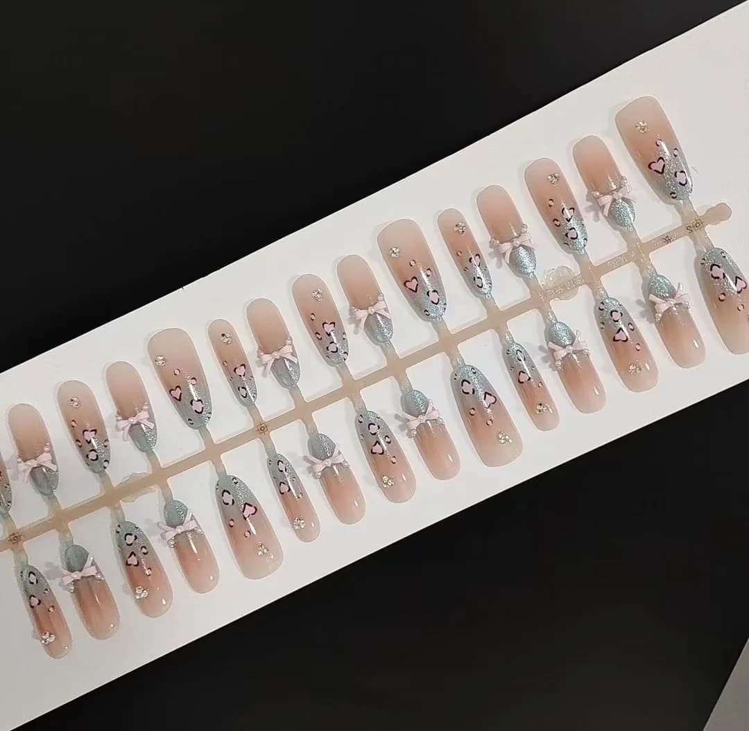 Nalepovací nehty mořská sůl leopard cat eye mašle, dlouhý stiletto