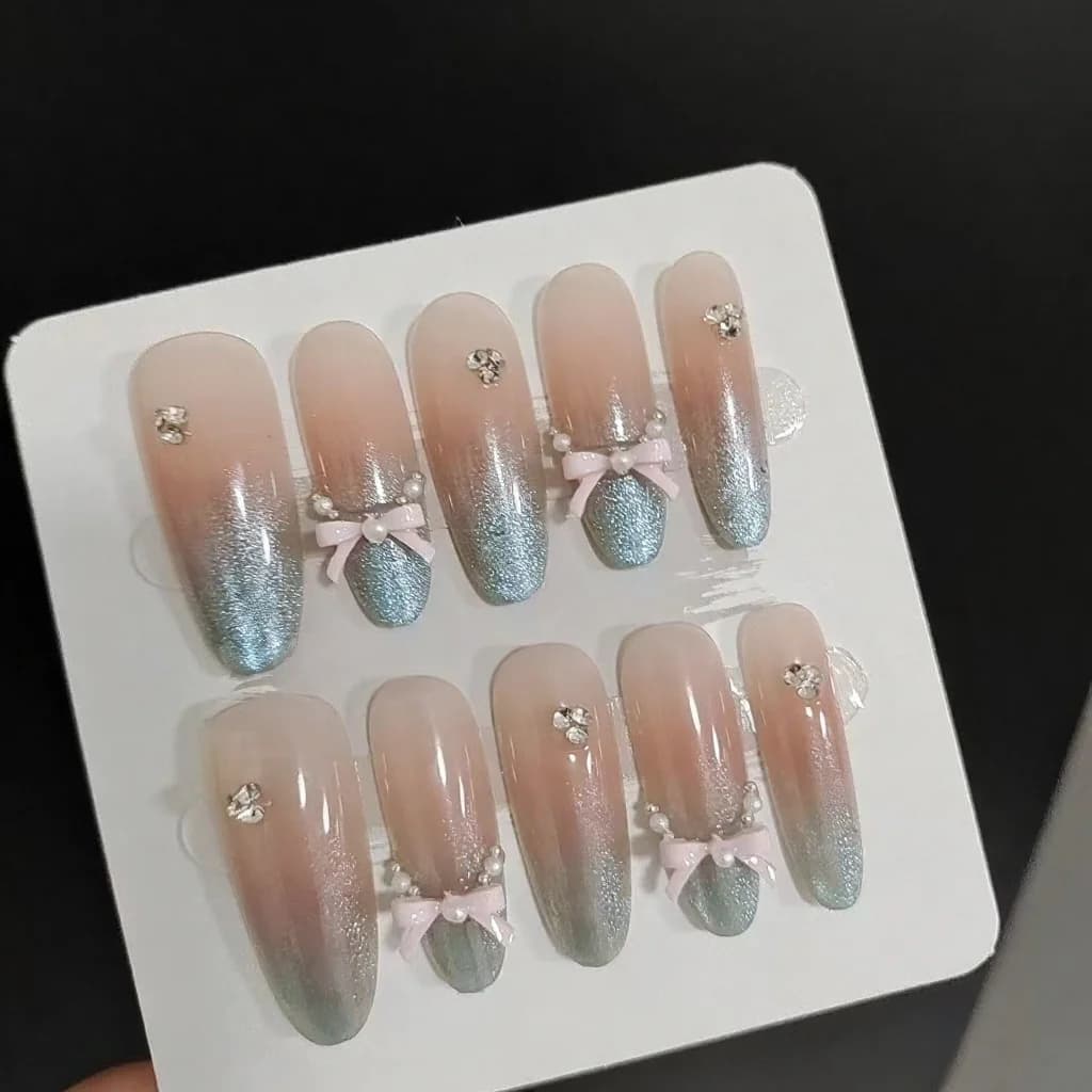 Nalepovací nehty mořská sůl leopard cat eye mašle, dlouhý stiletto