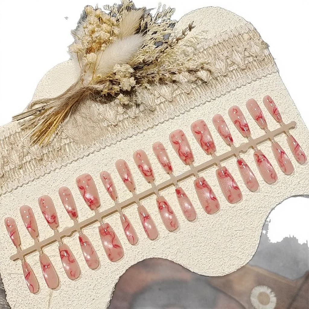 Růžové nalepovací nehty s kočičím okem, střední ovál, glitrový povrch