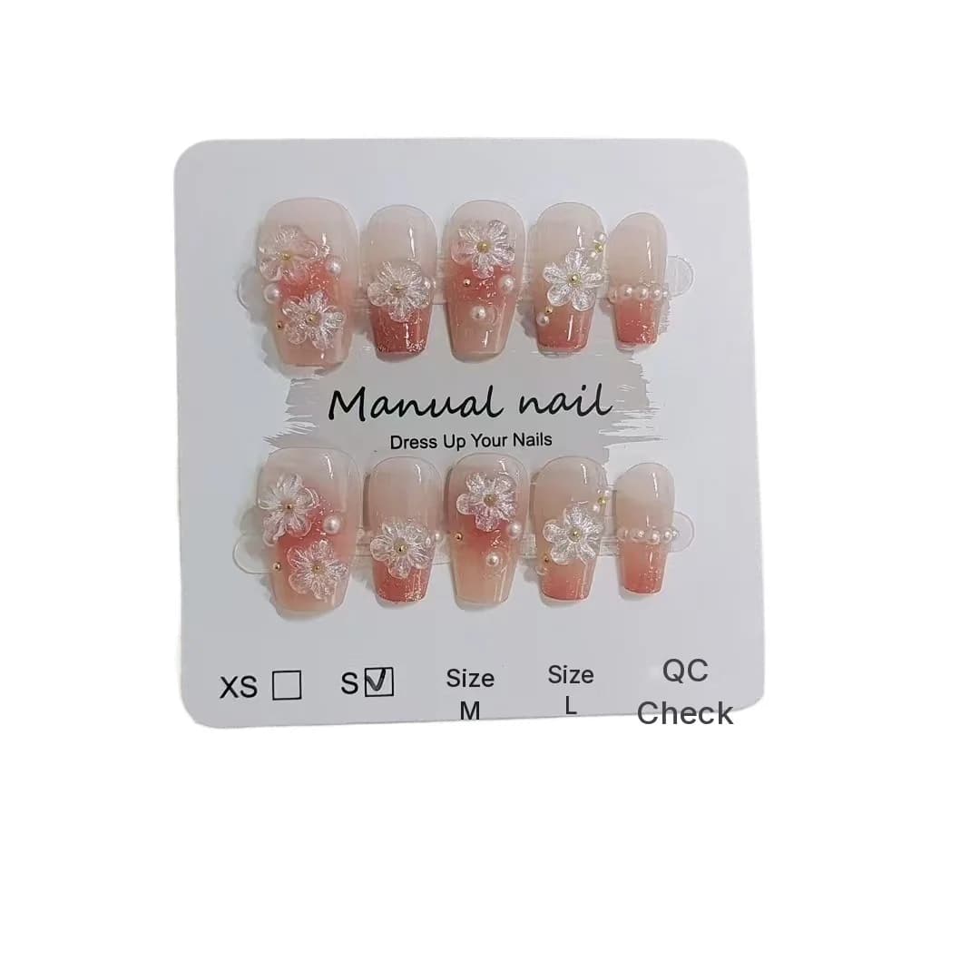 Květinové nalepovací nehty, krátký tvar coffin, roztomilý blush design, 10 kusů