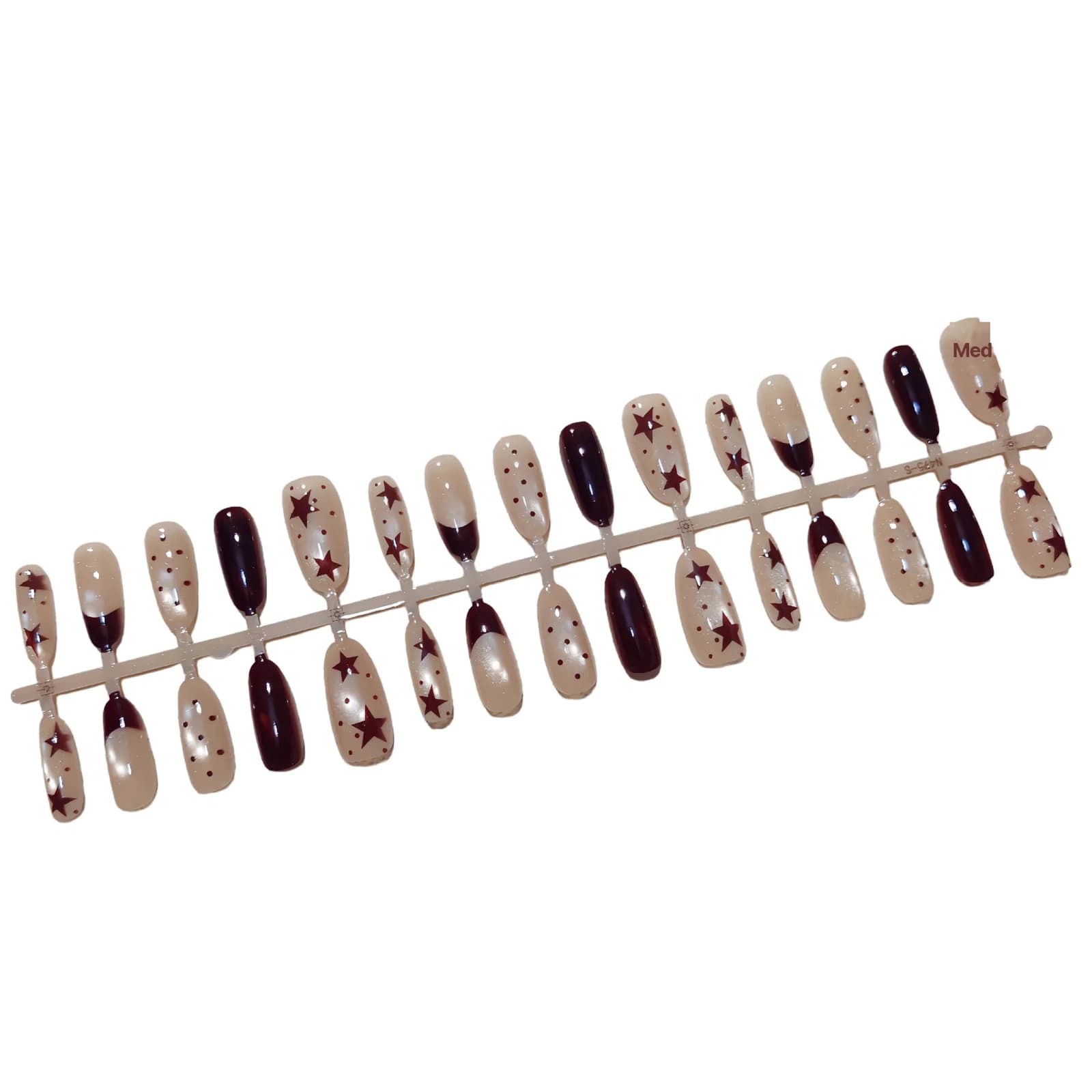 Hnědé nalepovací nehty Cat Eye s hvězdičkami a puntíky