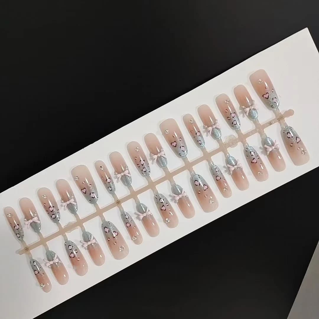 Nalepovací nehty mořská sůl leopard cat eye mašle, dlouhý stiletto